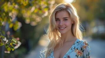 hermosa rubio mujer en un floral vestir sonriente foto