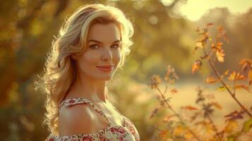 hermosa rubio mujer en un floral vestir sonriente foto