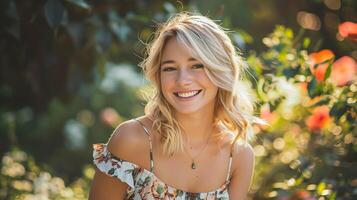 hermosa rubio mujer en un floral vestir sonriente foto