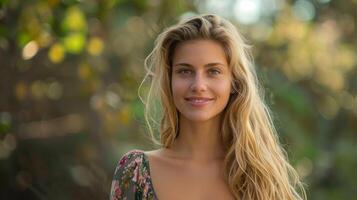 beautiful blond woman in a floral dress smiling photo