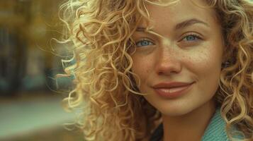 hermosa rubio mujer con Rizado pelo mirando foto