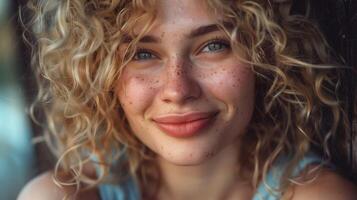 beautiful blond woman with curly hair looking photo