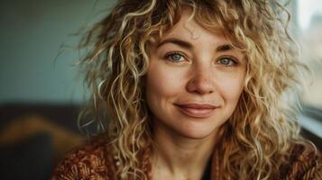 beautiful blond woman with curly hair looking photo