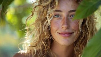 beautiful blond woman with curly hair looking photo