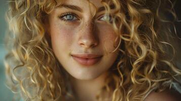 beautiful blond woman with curly hair looking photo