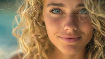 beautiful blond woman with curly hair looking photo