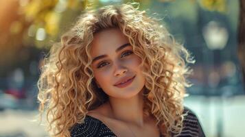 beautiful blond woman with curly hair looking photo