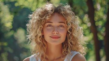 beautiful blond woman with curly hair looking photo