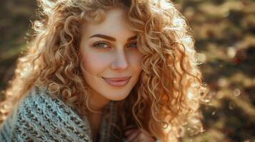 beautiful blond woman with curly hair looking photo