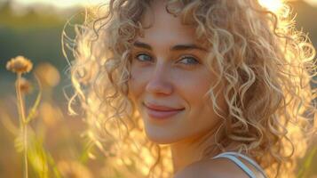 beautiful blond woman with curly hair looking photo