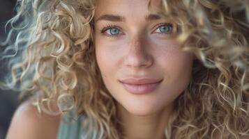 hermosa rubio mujer con Rizado pelo mirando foto