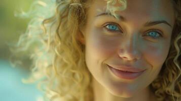 beautiful blond woman with curly hair looking photo