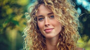 beautiful blond woman with curly hair looking photo