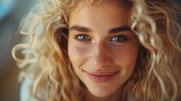 beautiful blond woman with curly hair looking photo