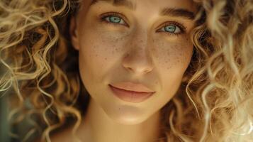 beautiful blond woman with curly hair looking photo