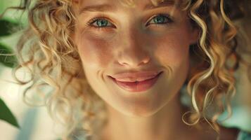 beautiful blond woman with curly hair looking photo