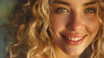 beautiful blond woman with curly hair looking photo