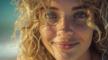 beautiful blond woman with curly hair looking photo