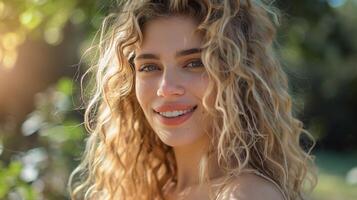 beautiful blond woman with curly hair looking photo
