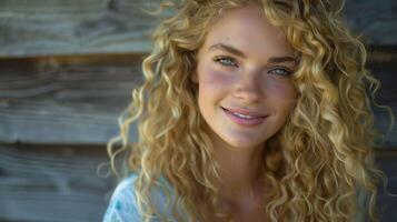 beautiful blond woman with curly hair looking photo