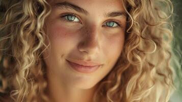 beautiful blond woman with curly hair looking photo