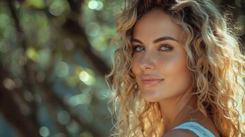 beautiful blond woman with curly hair looking photo