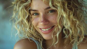 beautiful blond woman with curly hair looking photo