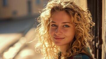 beautiful blond woman with curly hair looking photo