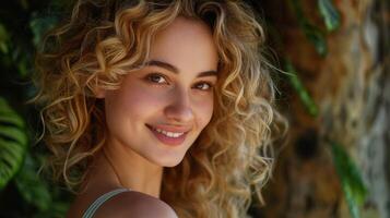 beautiful blond woman with curly hair looking photo