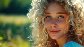 beautiful blond woman with curly hair looking photo