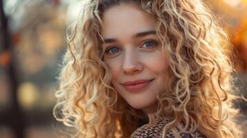 hermosa rubio mujer con Rizado pelo mirando foto