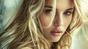 beautiful fashion model with long blond hair look photo