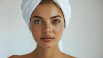 beautiful caucasian woman with towel against photo