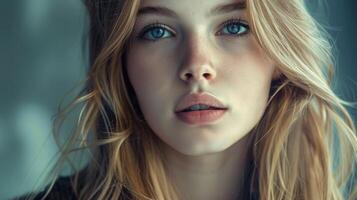 beautiful fashion model with long blond hair look photo