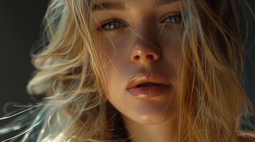 beautiful fashion model with long blond hair look photo