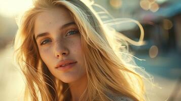 beautiful fashion model with long blond hair look photo