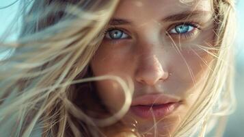 beautiful fashion model with long blond hair look photo