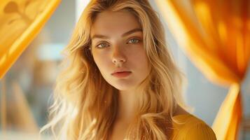 beautiful fashion model with long blond hair look photo