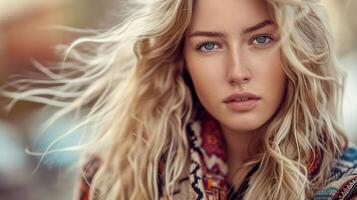 beautiful fashion model with long blond hair look photo