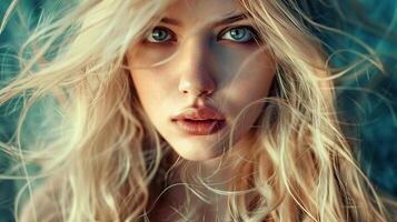 beautiful fashion model with long blond hair look photo