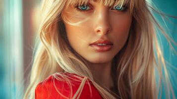 beautiful fashion model with long blond hair look photo