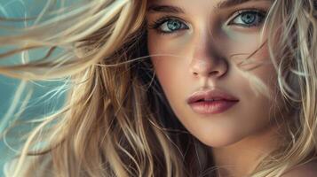 beautiful fashion model with long blond hair look photo