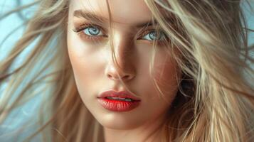 beautiful fashion model with long blond hair look photo