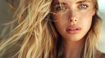 beautiful fashion model with long blond hair look photo