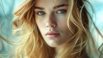 beautiful fashion model with long blond hair look photo