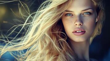 beautiful fashion model with long blond hair look photo