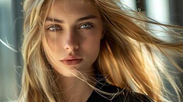 beautiful fashion model with long blond hair look photo