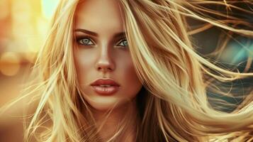 beautiful fashion model with long blond hair look photo