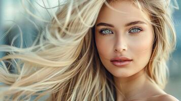 beautiful fashion model with long blond hair look photo