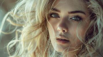 beautiful fashion model with long blond hair look photo